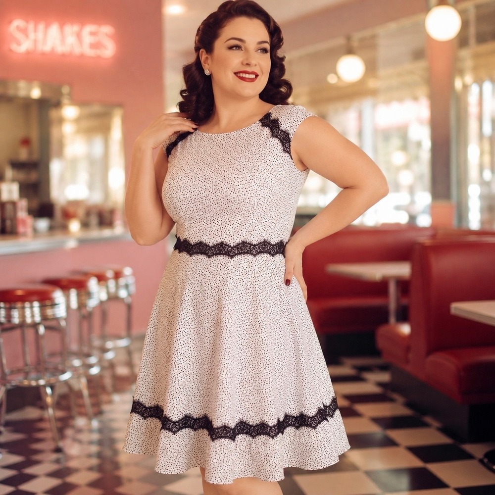 Betsey Johnson Dress White Black Polka Dot Lace Fit Flare Coquette Retro 14 EUC